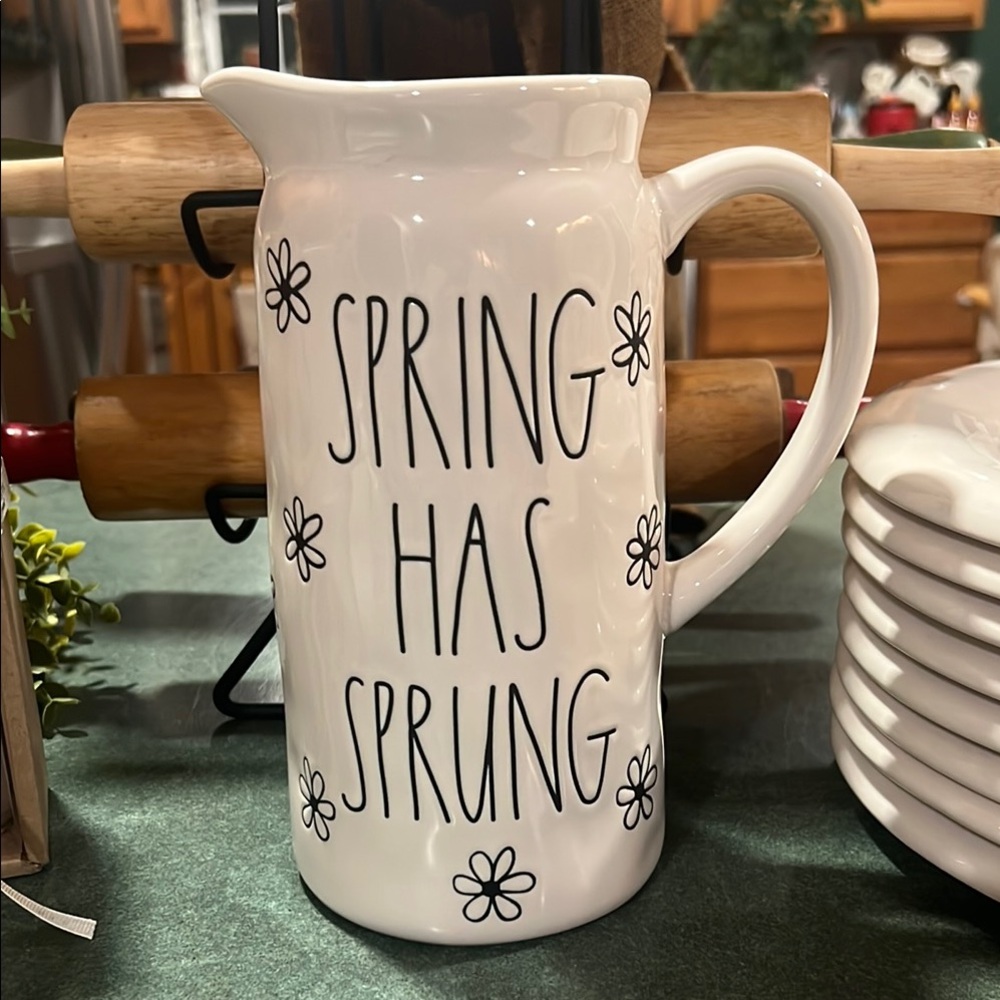 Rae Dunn White Ceramic Pitcher - Spring Has Sprung Design